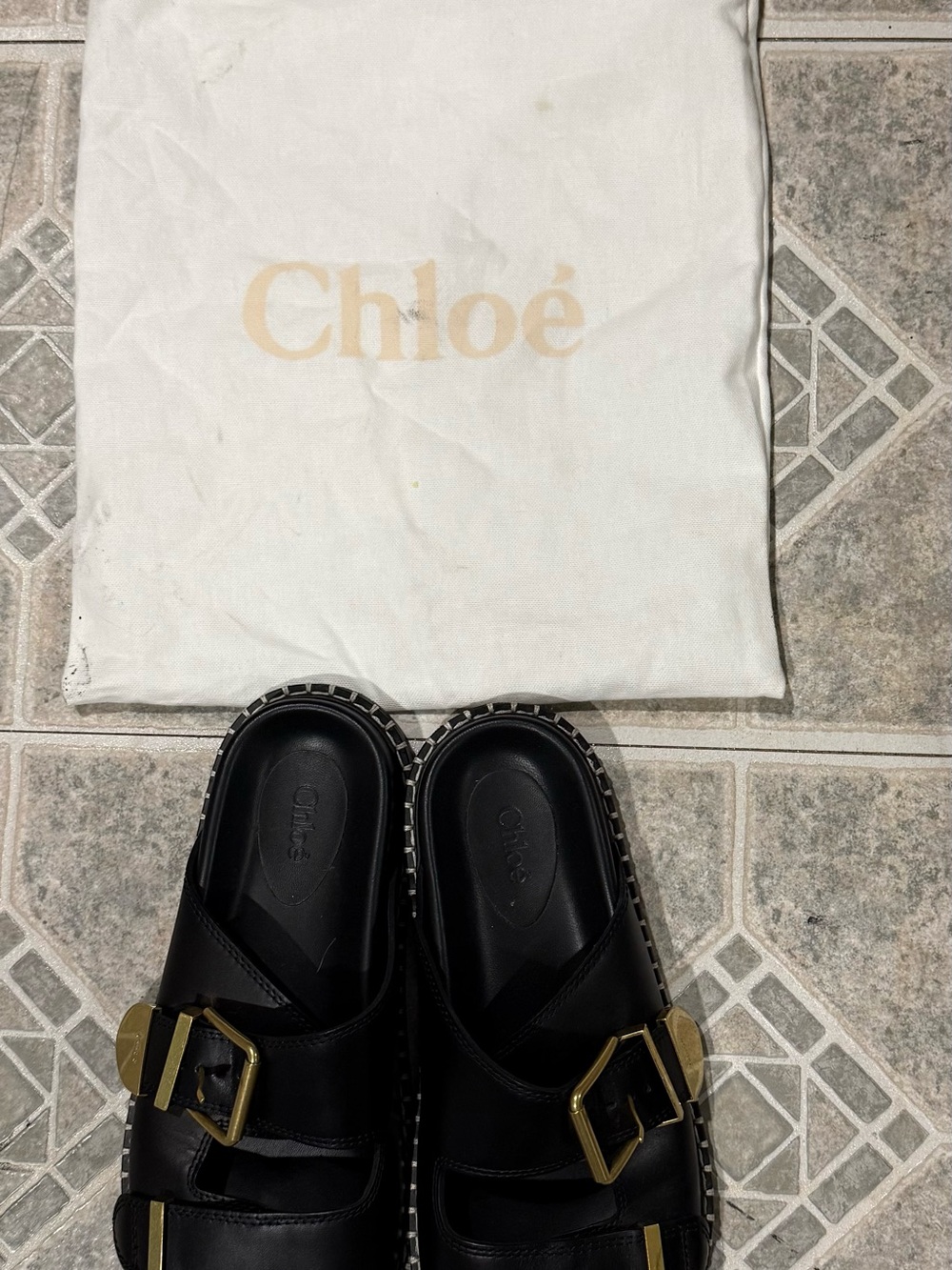 Chloe Black Leather Slide Sandals with Gold Buckles